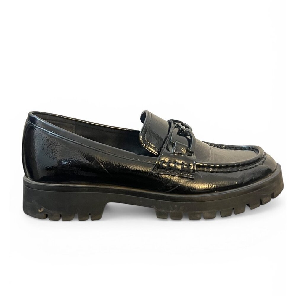 Nine West Black Patent Leather Chunky Lug Sole Loafers With Chain Accent Size 10
